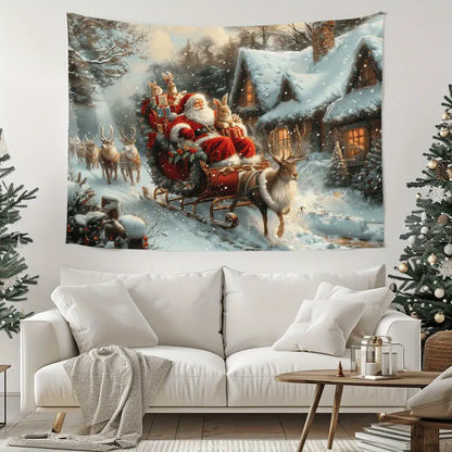 Arazzo da Parete Natalizio con Babbo Natale sulla Slitta – Sfondo con Paesaggio di Città Innevata, Poliestere, Senza Bisogno di Elettricità – Perfetto per la Decorazione del Soggiorno 300 cm *180 cm